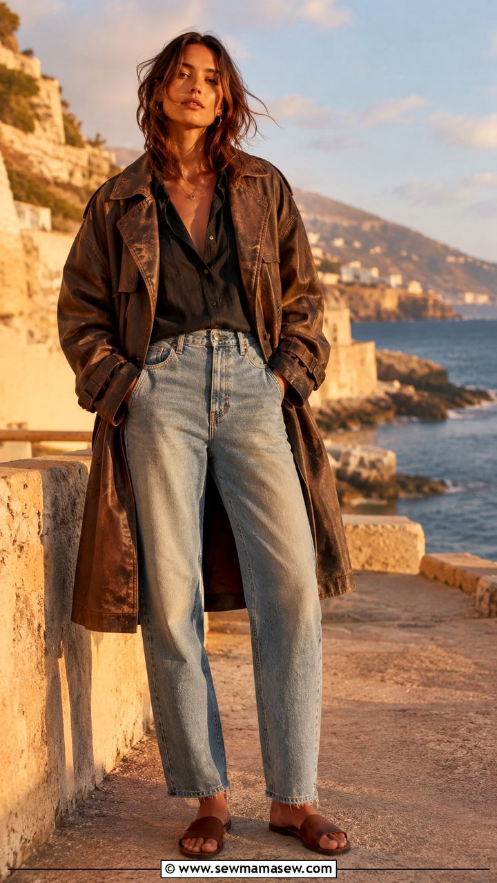 Worn Leather Look Trench With Faded Jeans and Minimal Sandals - 30 Long trench coat outfit ideas with jeans