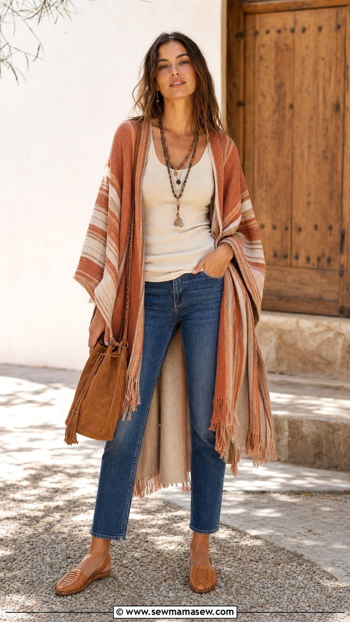 Woven Poncho or Ruana Over a Tank and Slim Jeans - 25 Summer layering outfits