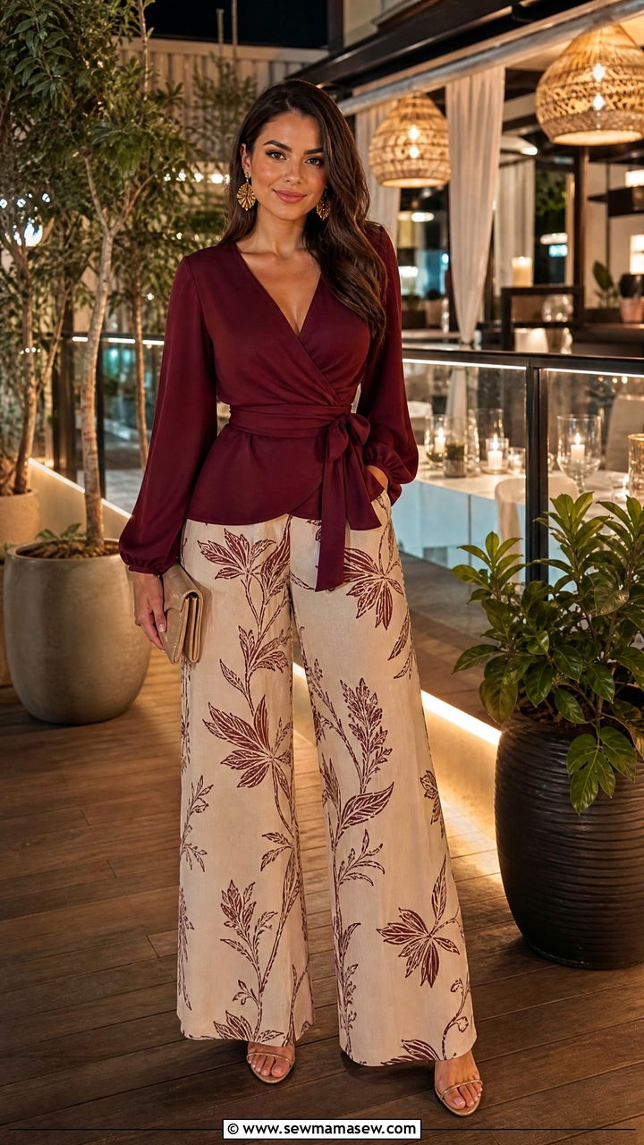 Wrap Blouse With Palazzo Pants Outfit - 25 Outfit ideas for broad shoulders to balance