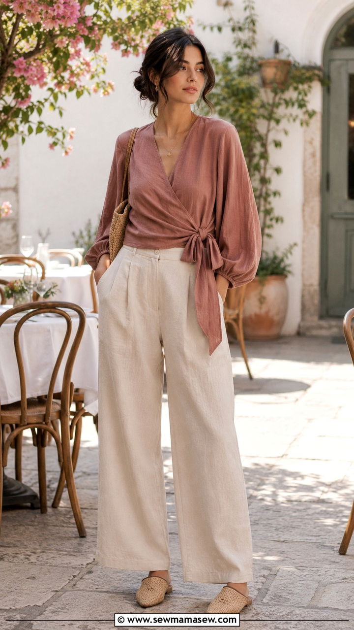 Wrap Blouse With Wide Leg Linen Trousers and Woven Mules - 30 casual poetcore outfits