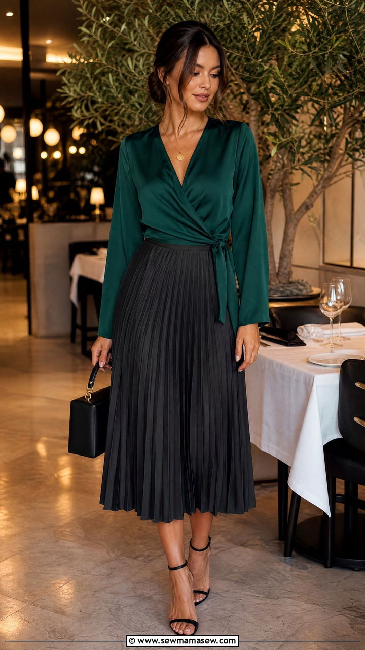 Wrap Blouse and Pleated Skirt Outfit - 30 Summer outfits with pleated skirts