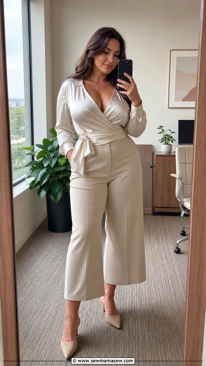 Wrap Blouse with Cropped Wide Leg Trousers - 25 Outfit ideas for big bust summer