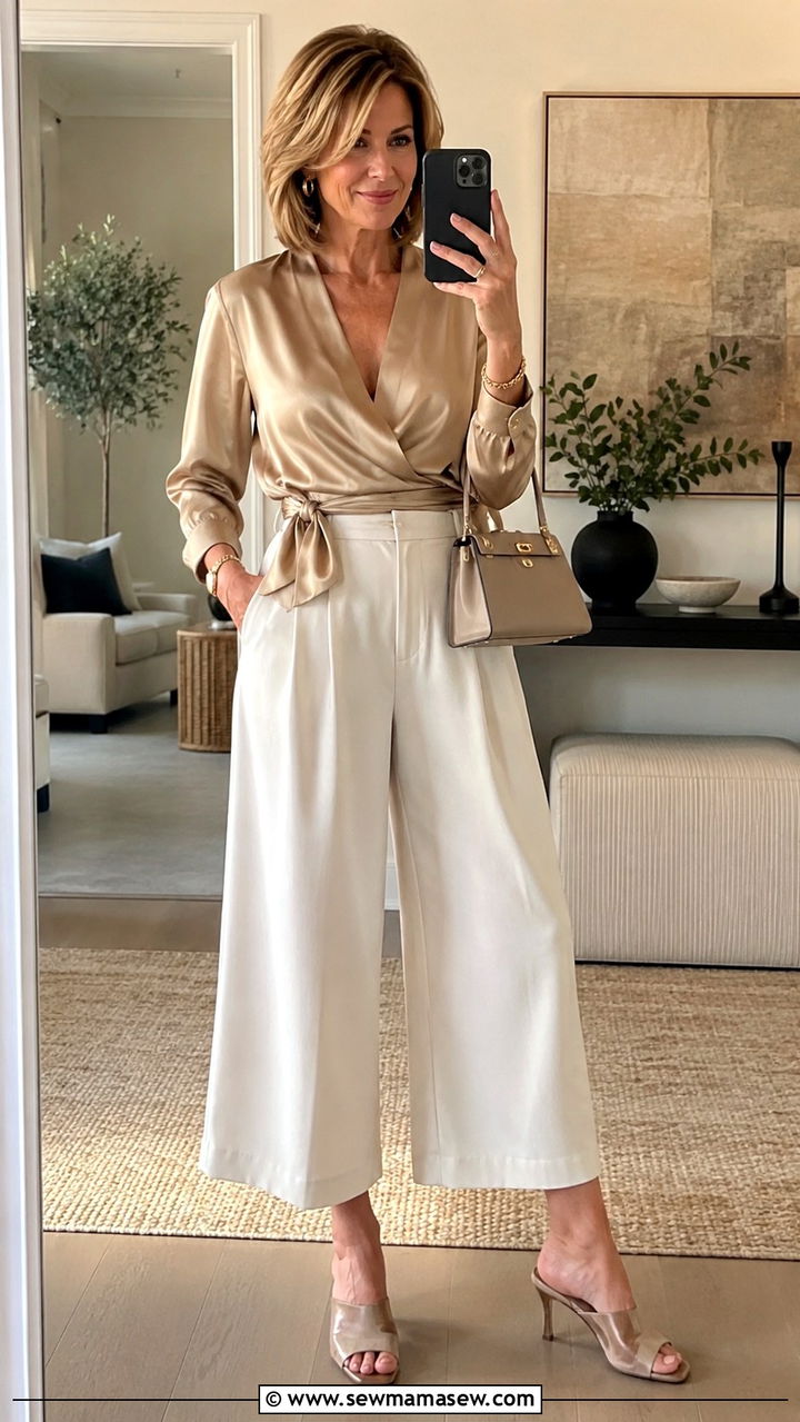 Wrap Blouse with High Waisted Culottes - 25 Outfit ideas for rectangle over 50