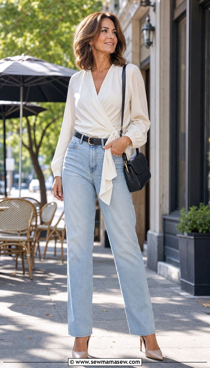 Wrap Blouse with Light Washed Jeans - 35 Brunch outfits for women over 40