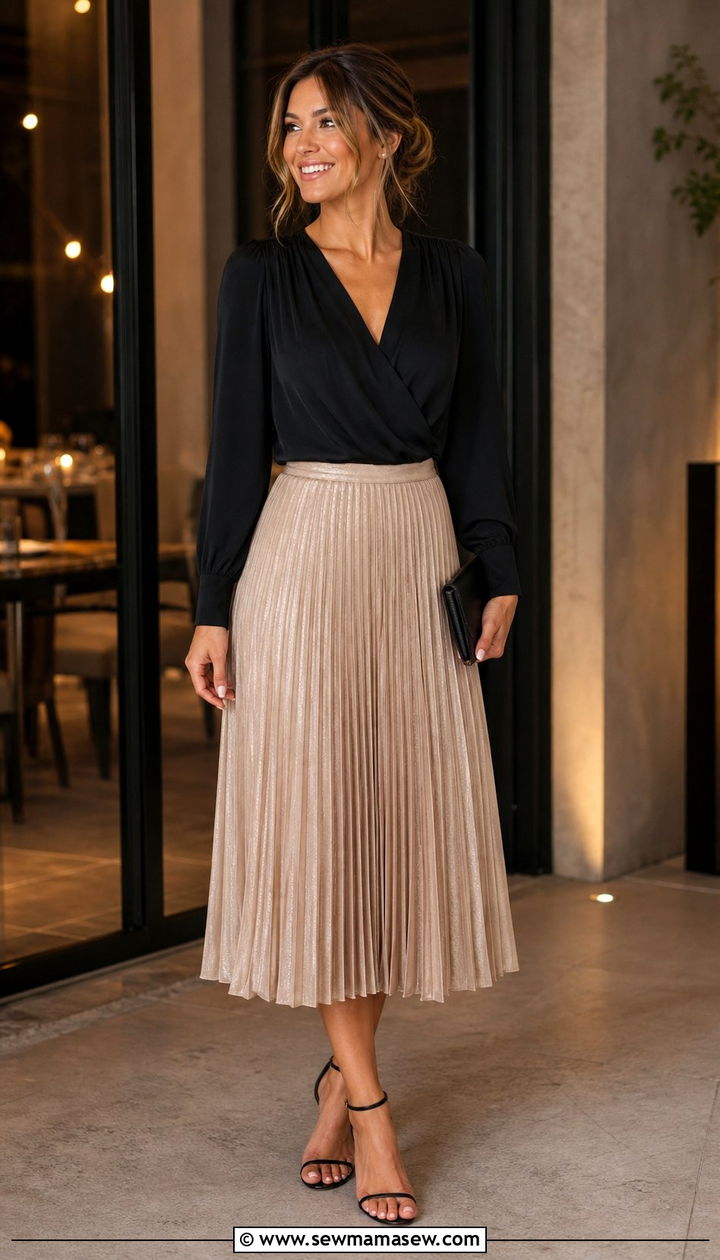 Wrap Blouse with Pleated Midi Skirt Outfit - 25 Cute outfits for inverted triangle shape