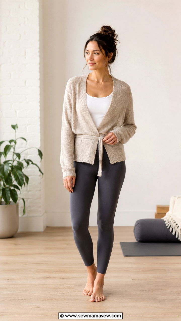 Wrap Cardigan Layered Over Yoga Leggings - 25 Yoga outfit ideas for teachers