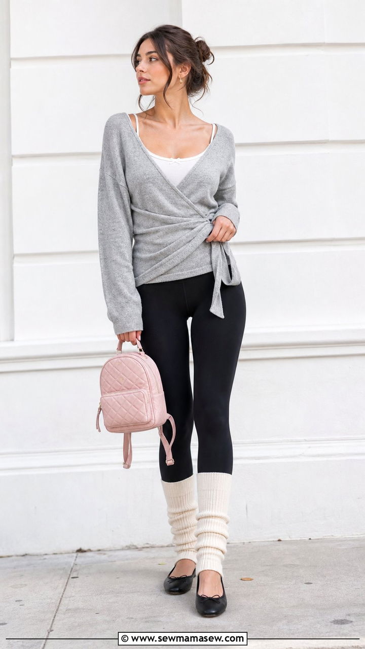 Wrap Cardigan With Leggings And Leg Warmers Outfit - 35 Balletcore spring outfits