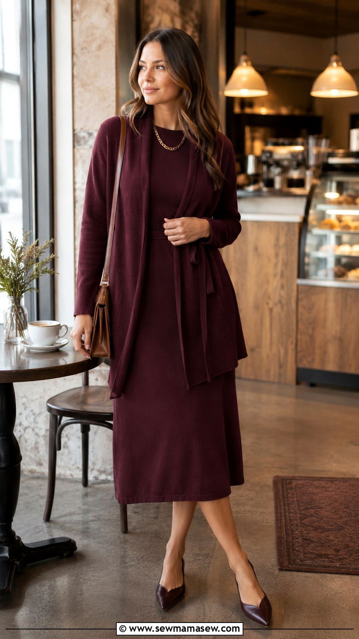 Wrap Cardigan and Jersey Dress Set - 30 Cardigan and dress matching set outfit ideas