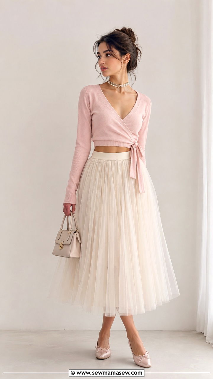 Wrap Cardigan and Tulle Midi Skirt Outfit - 25 aesthetic outfits to copy