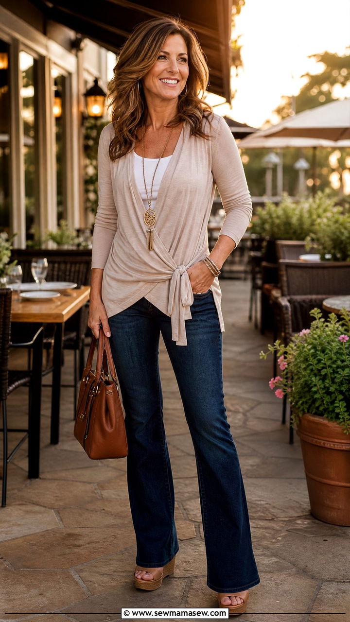 Wrap Cardigan with Bootcut Jeans and Wedges - 25 cardigan outfits for women over 40