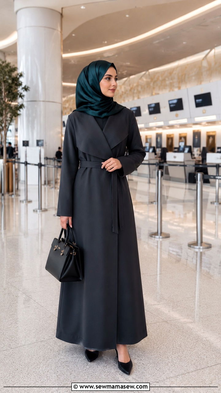 Wrap Coat Abaya with Pointed Toe Flats - 30 Modest outfit ideas for airport
