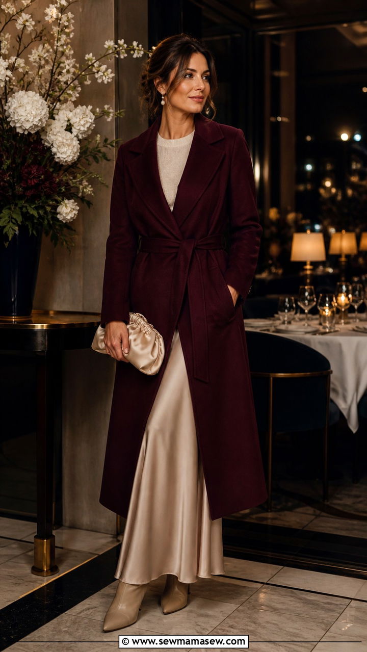 Wrap Coat Over Cashmere Sweater and Silk Skirt With Ankle Boots - 40 summer to fall outfits