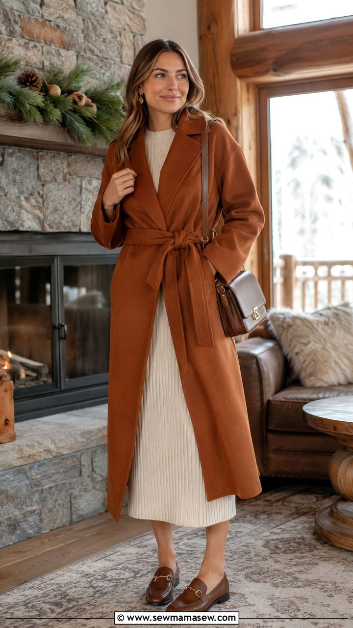 Wrap Coat and Knit Midi Dress With Gucci Loafers - 25 Old money outfit ideas with Gucci loafers