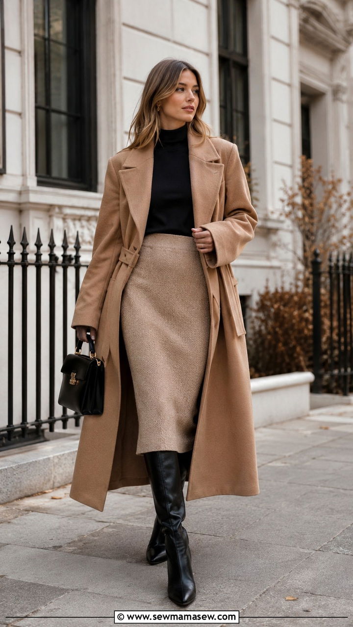 Wrap Coat and Knit Midi Skirt with Knee High Boots - 30 transitional skirt outfit ideas
