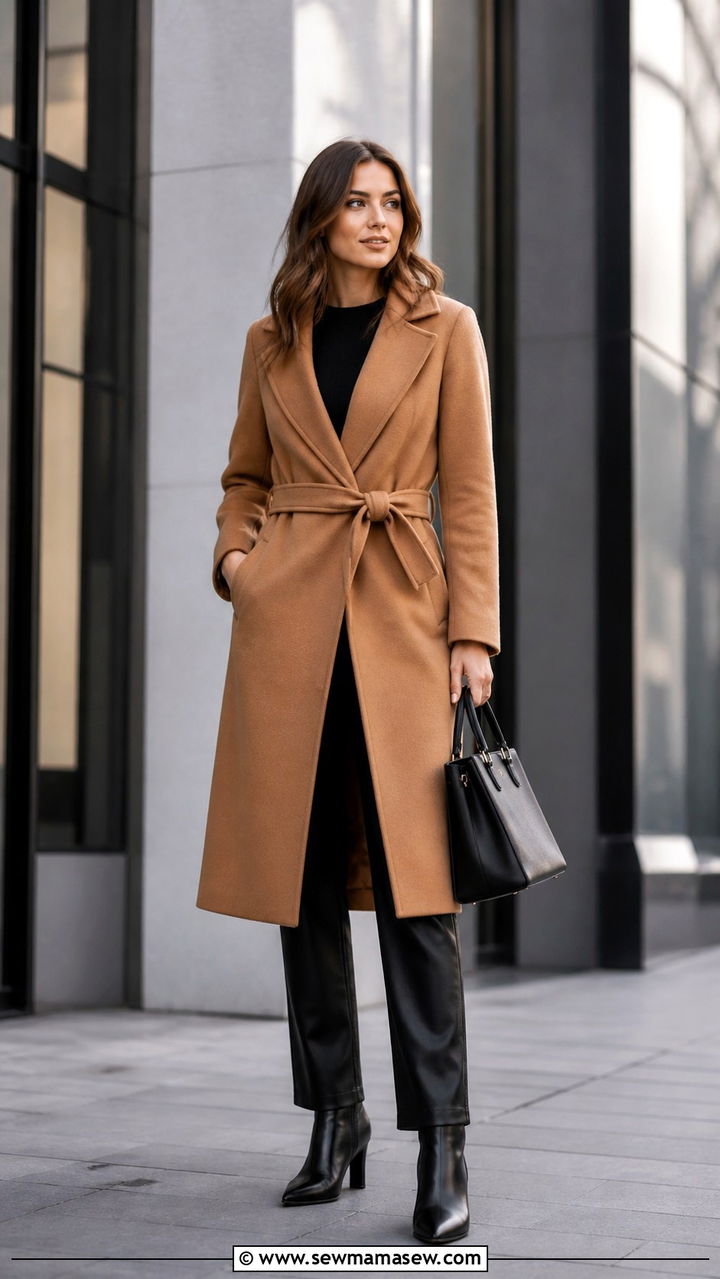 Wrap Coat with Sweater and Leather Trousers - 40 Cozy spring outfits