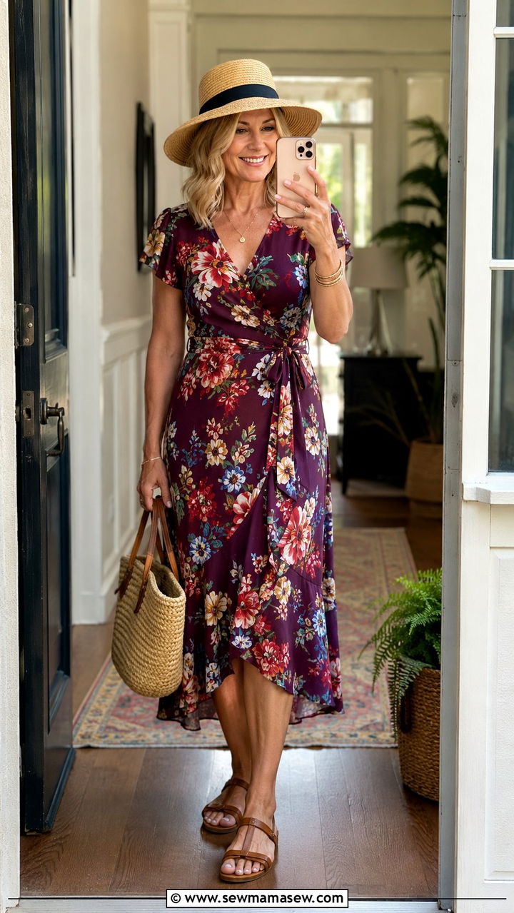 Wrap Dress And Flat Sandals School Drop Off Outfit - 30 Outfit ideas for women over 50 school drop off