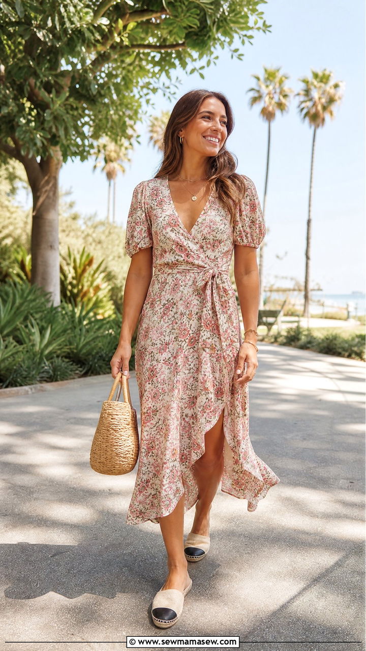 Wrap Dress Birthday Outfit With Espadrilles And Straw Bag - 30 Cute birthday outfits