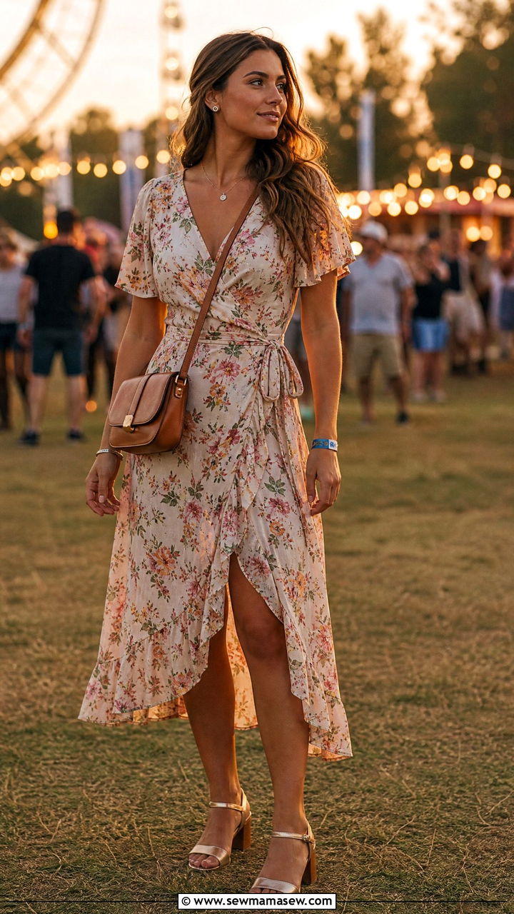 Wrap Dress With Block Heel Sandals - 25 classy festival outfits