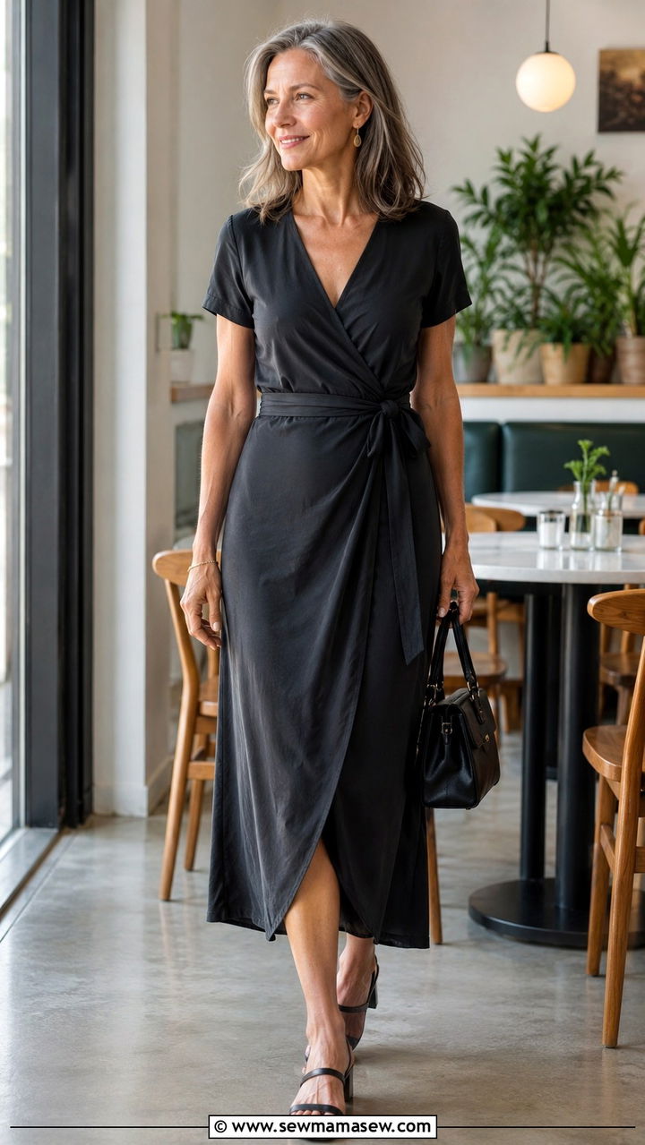 Wrap Dress With Block Heels - 30 Minimalist outfit ideas for women over 50