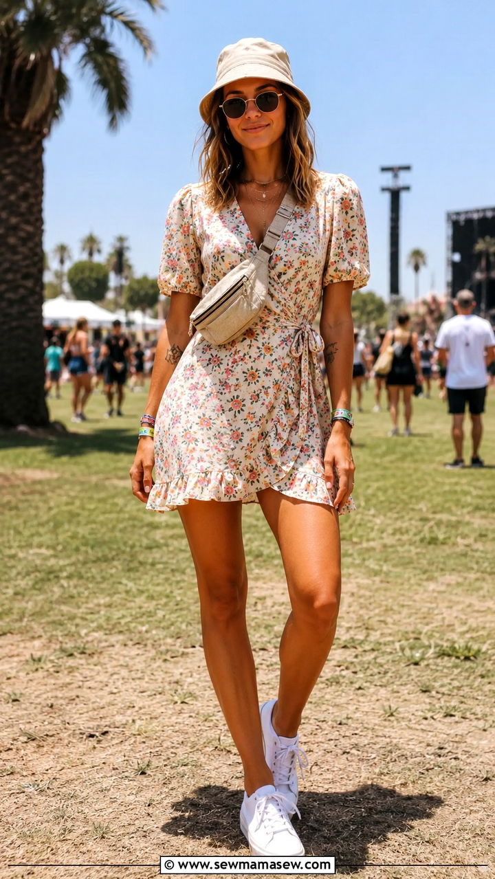 Wrap Dress With Bucket Hat And Sneakers - 25 Wrap dress outfit ideas with sneakers