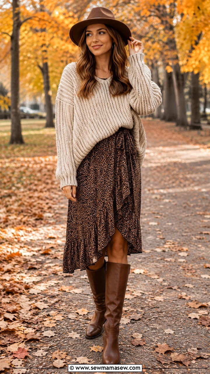 Wrap Dress With Chunky Knit Sweater And KneeHigh Boots - 30 How to style a wrap dress