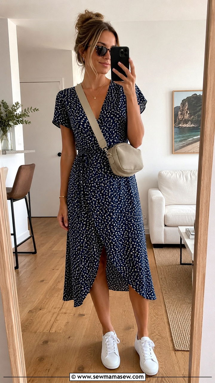 Wrap Dress With Crossbody Bag And Sneakers - 25 Wrap dress outfit ideas with sneakers