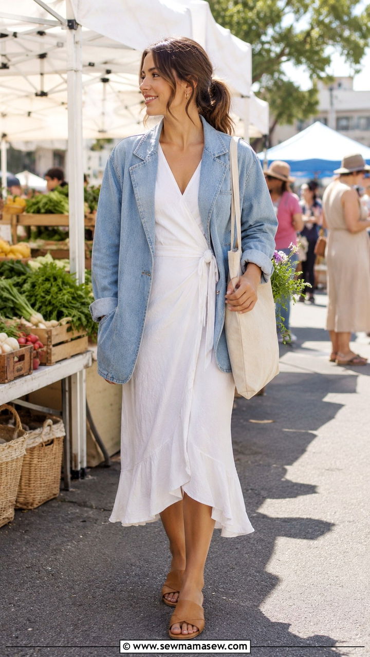Wrap Dress With Denim Blazer - 25 Wrap dress outfit ideas with a blazer