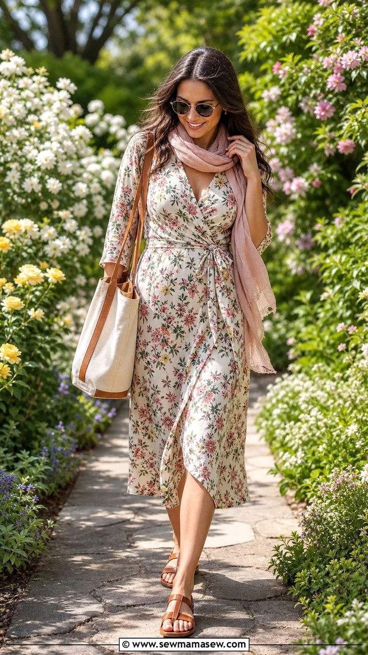Wrap Dress With Flat Sandals - 25 Spring outfit ideas for postpartum women
