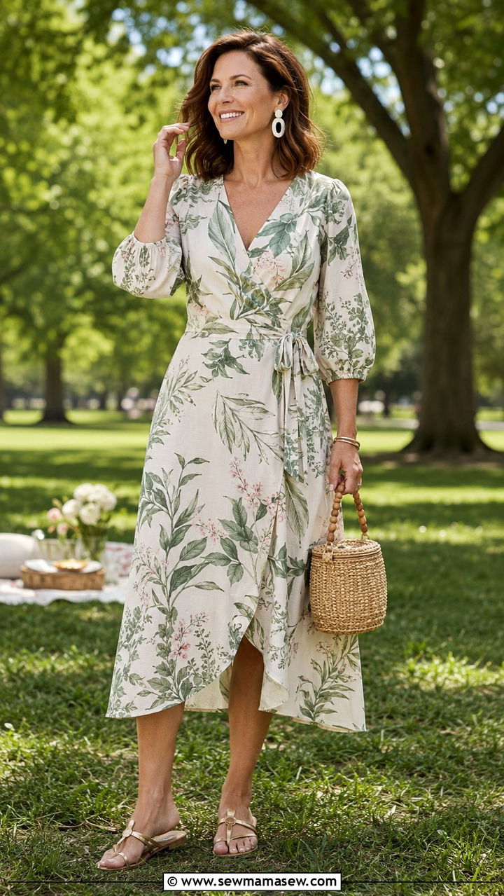 Wrap Dress With Flat Sandals Picnic Outfit - 30 Picnic outfits for women over 40