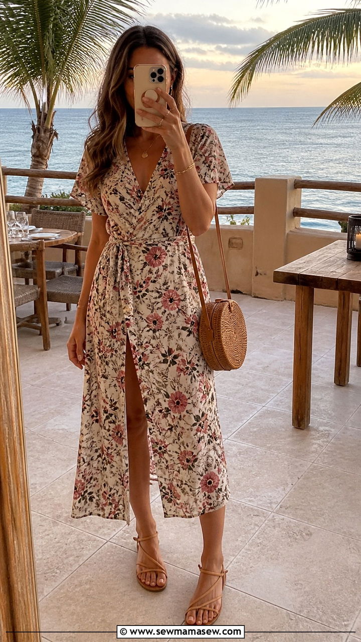 Wrap Dress With Flat Strappy Sandals - 40 summer beach vacation outfit ideas