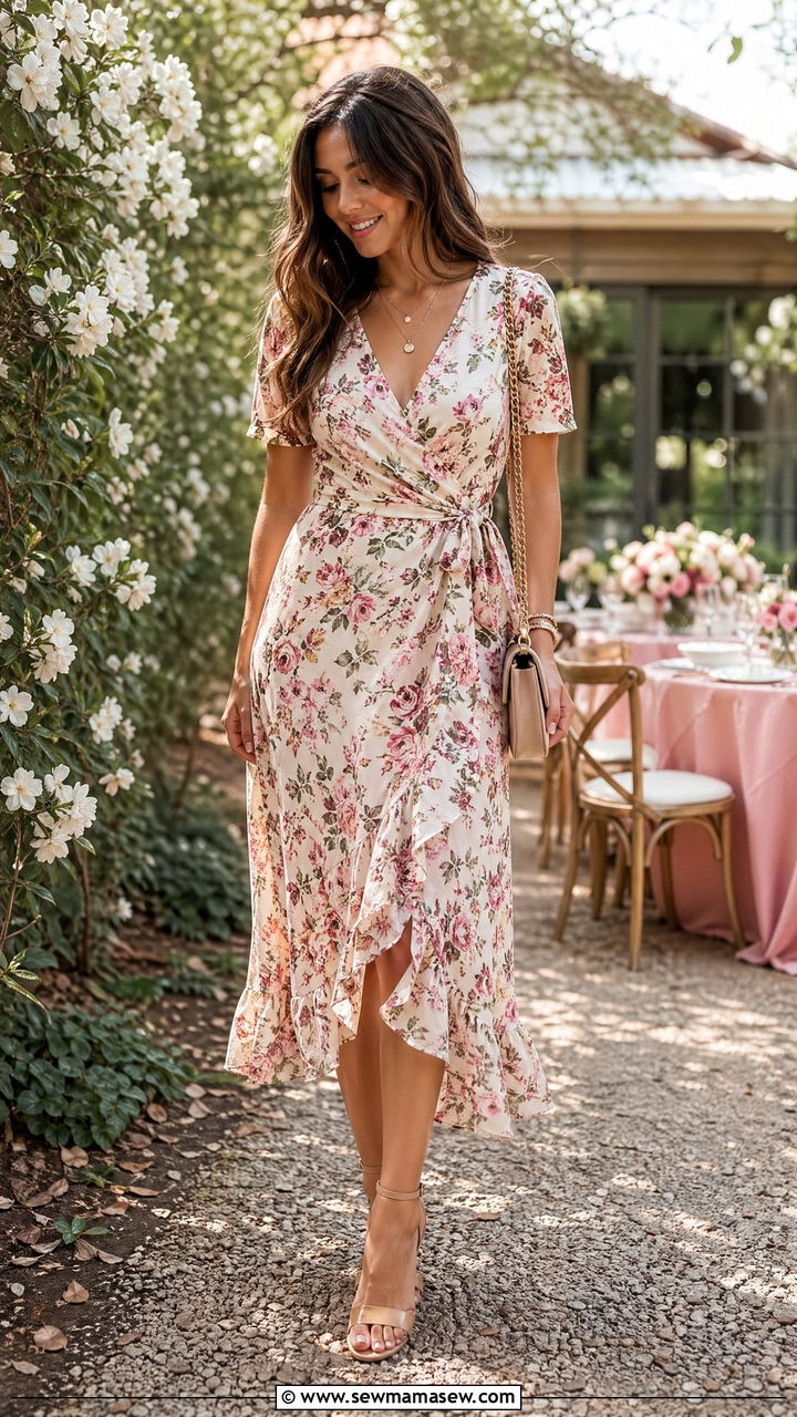 Wrap Dress With Heeled Sandals - 35 engagement party outfit ideas