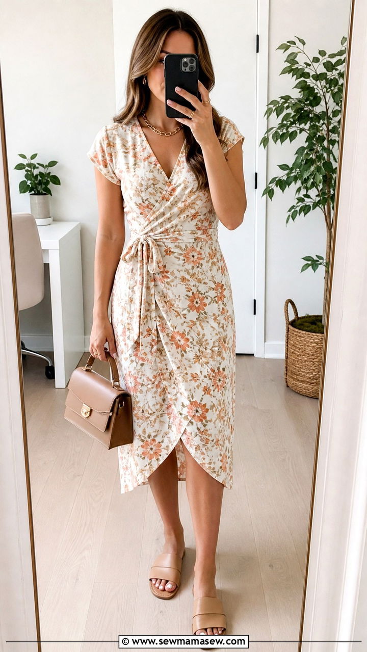 Wrap Dress With Leather Slides - 40 summer dress outfit ideas