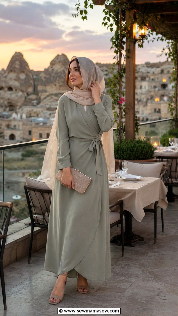 Wrap Dress With Lightweight Scarf And Block Heel Sandals - 30 Modest travel outfit ideas