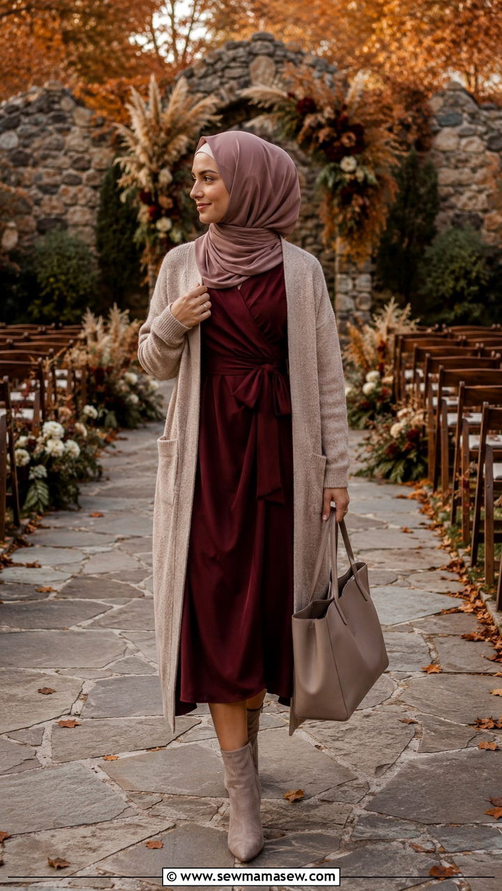 Wrap Dress With Long Cardigan And Hijab - 30 Modest wedding guest outfit ideas with hijab
