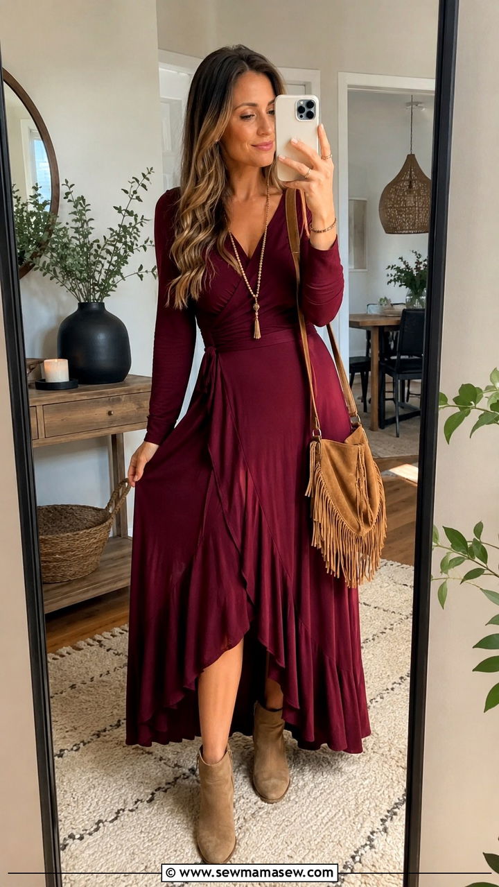 Wrap Dress With Long Sleeves And Suede Ankle Boots - 30 Modest outfit ideas boho