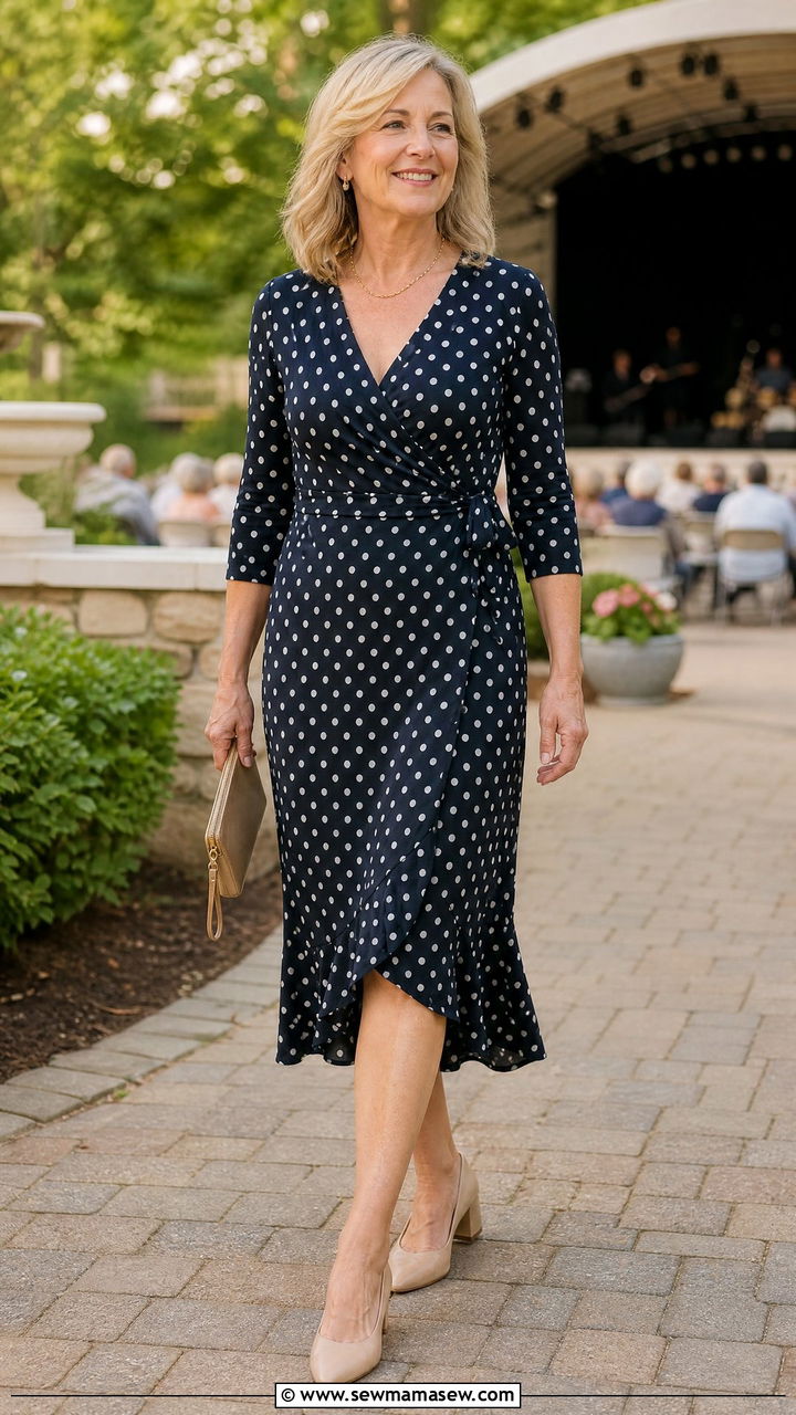 Wrap Dress With Low Block Heel Shoes - 30 Concert outfit ideas for women over 50
