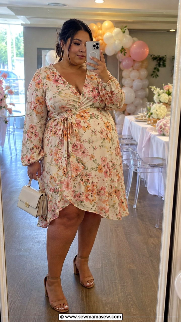 Wrap Dress With Low Block Heels - 30 Plus size outfit ideas for baby shower
