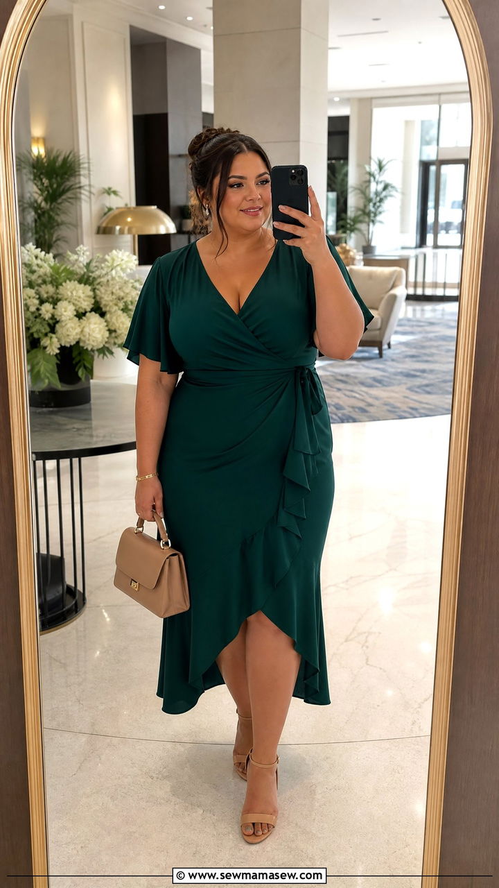 Wrap Dress With Nude Block Heels - 25 Wedding guest outfit ideas for plus size mom