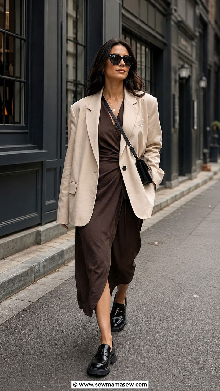 Wrap Dress With Oversized Blazer And Chunky Loafers - 30 How to style a wrap dress