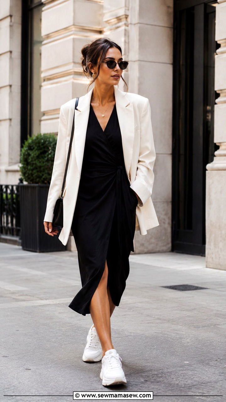 Wrap Dress With Oversized Blazer And Sneakers - 25 Wrap dress outfit ideas with sneakers