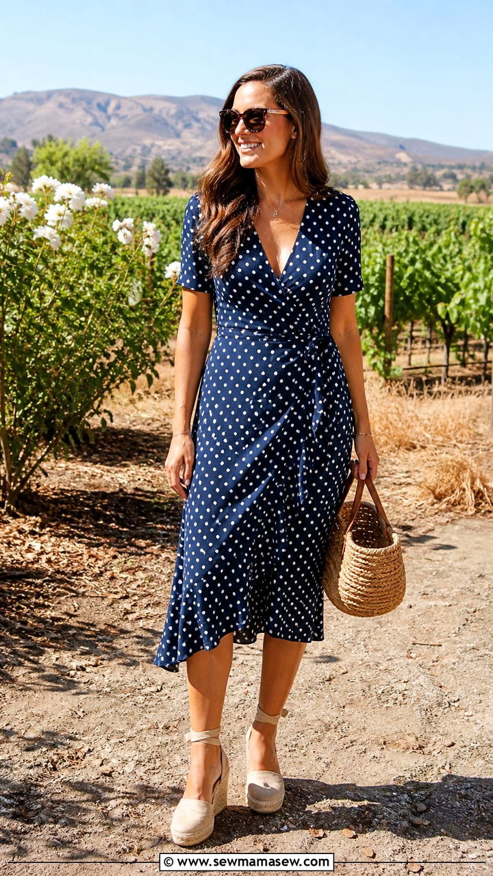 Wrap Dress With Wedge Espadrilles and Basket Bag - 40 French girl outfits ideas