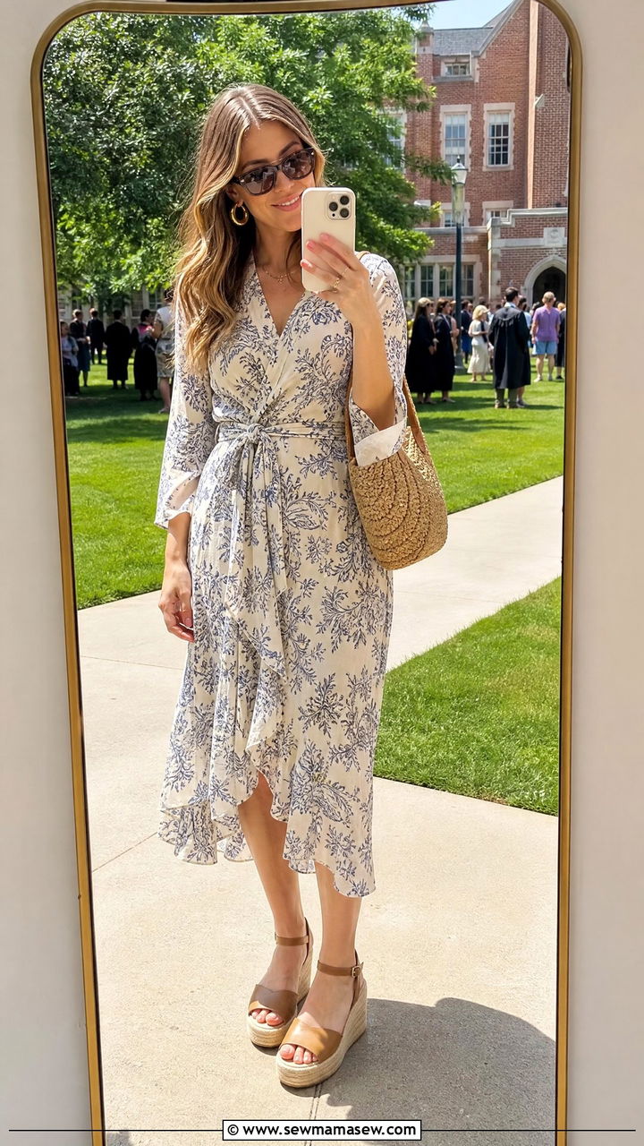 Wrap Dress With Wedge Espadrilles - 35 Graduation outfits for moms