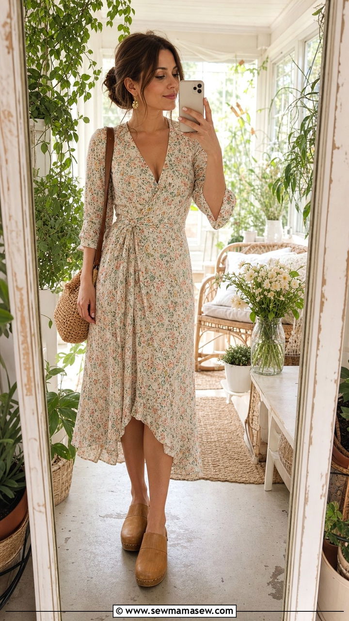 Wrap Dress With Woven Bag And Clogs Outfit - 25 Spring cottagecore outfits 2026