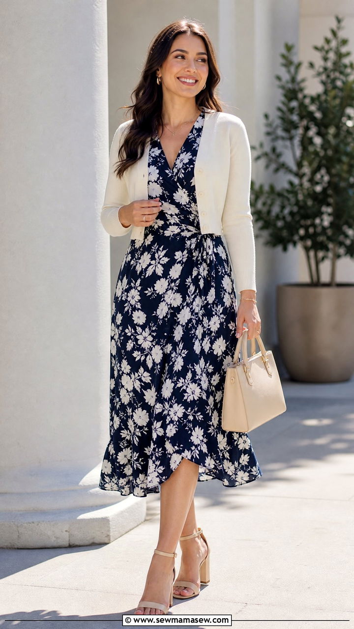 Wrap Dress With a Cropped Cardigan and Block Heels - 30 business casual outfits 2026