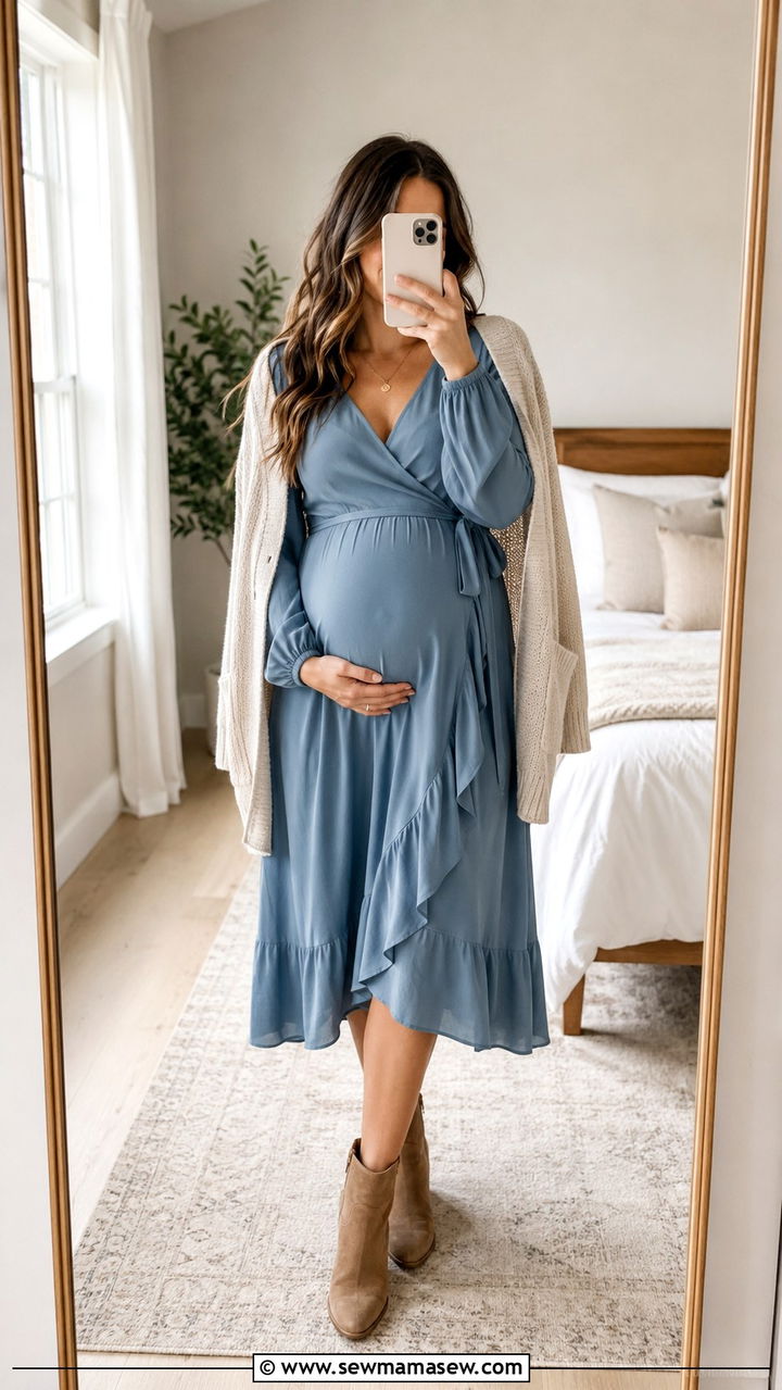 Wrap Dress and Ankle Boots Outfit - 20 Maternity outfit ideas second trimester