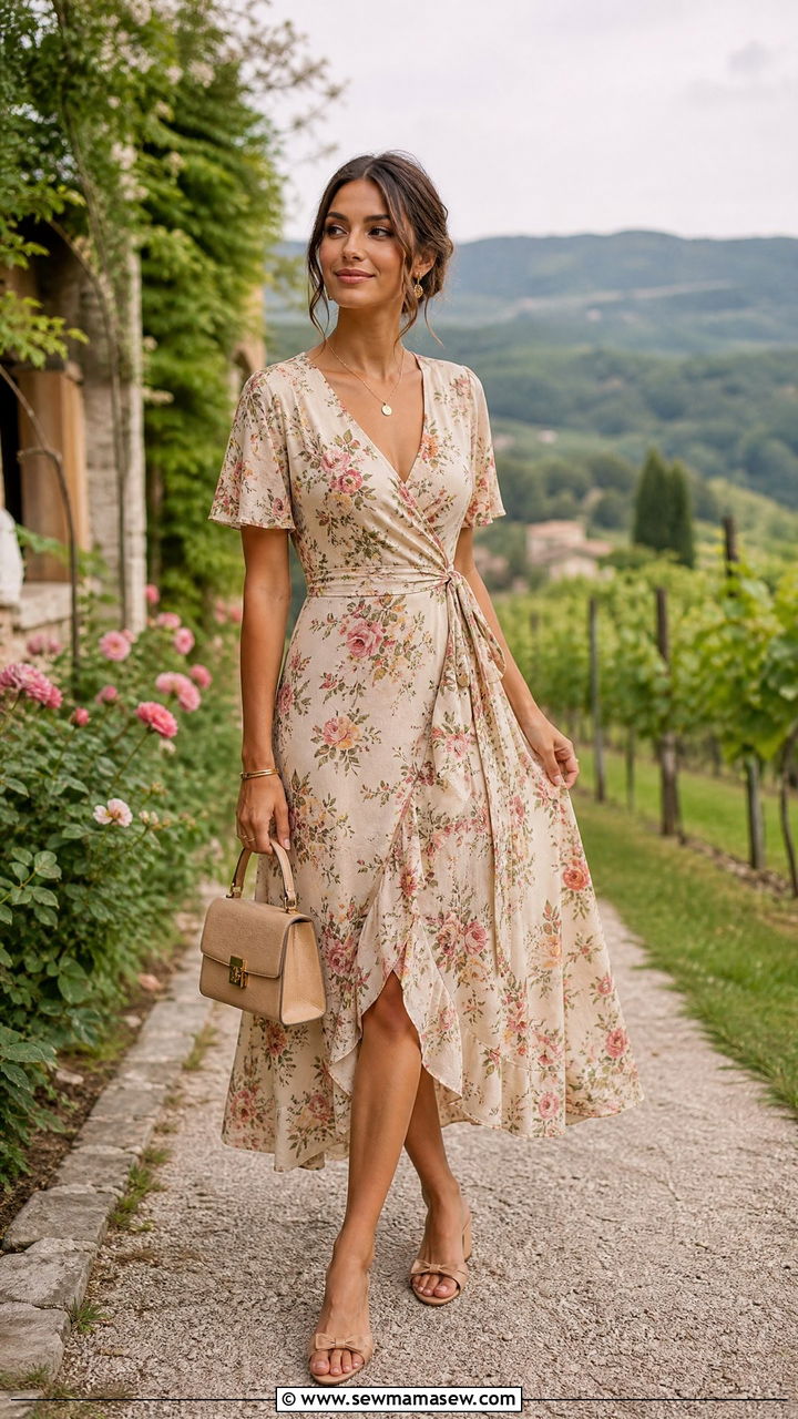 Wrap Dress and Block Heels - 30 classy Europe travel outfits