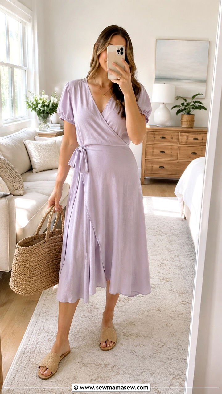 Wrap Dress and Flat Slide Sandals - 30 Spring outfit ideas for new mom