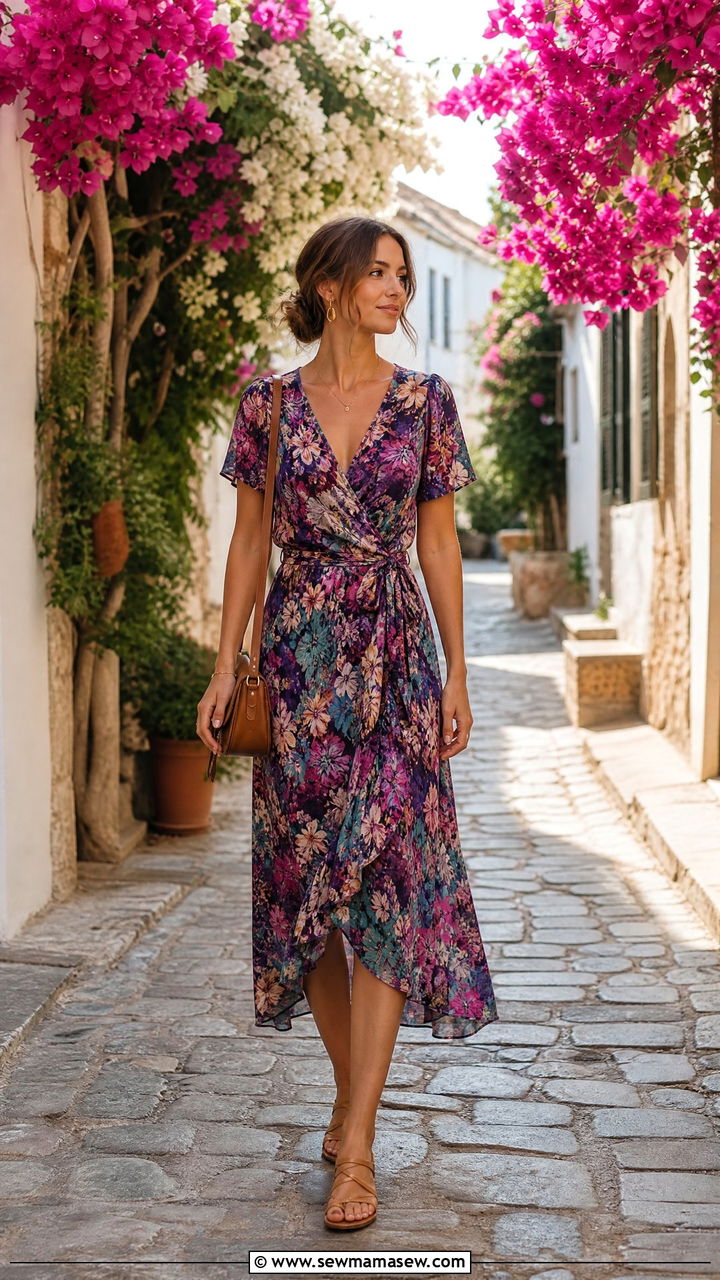 Wrap Dress and Leather Sandals Outfit - 30 Summer Europe packing outfits