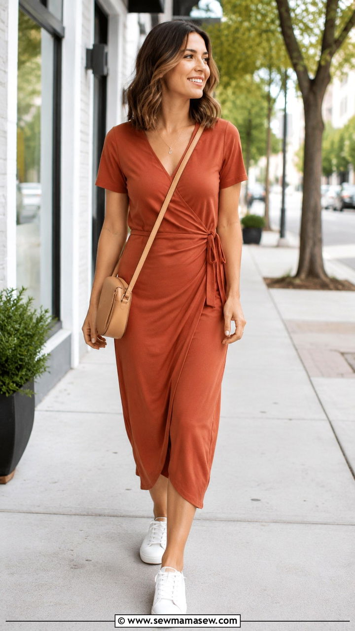 Wrap Dress and White Sneakers New Mom Outfit - 25 Postpartum outfit ideas that fit new body