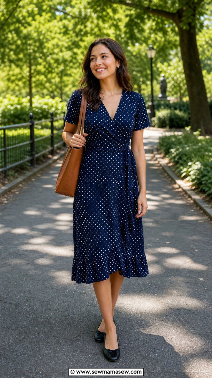 Wrap Dress with Ballet Flats and Tote Bag - 35 casual Friday outfit ideas